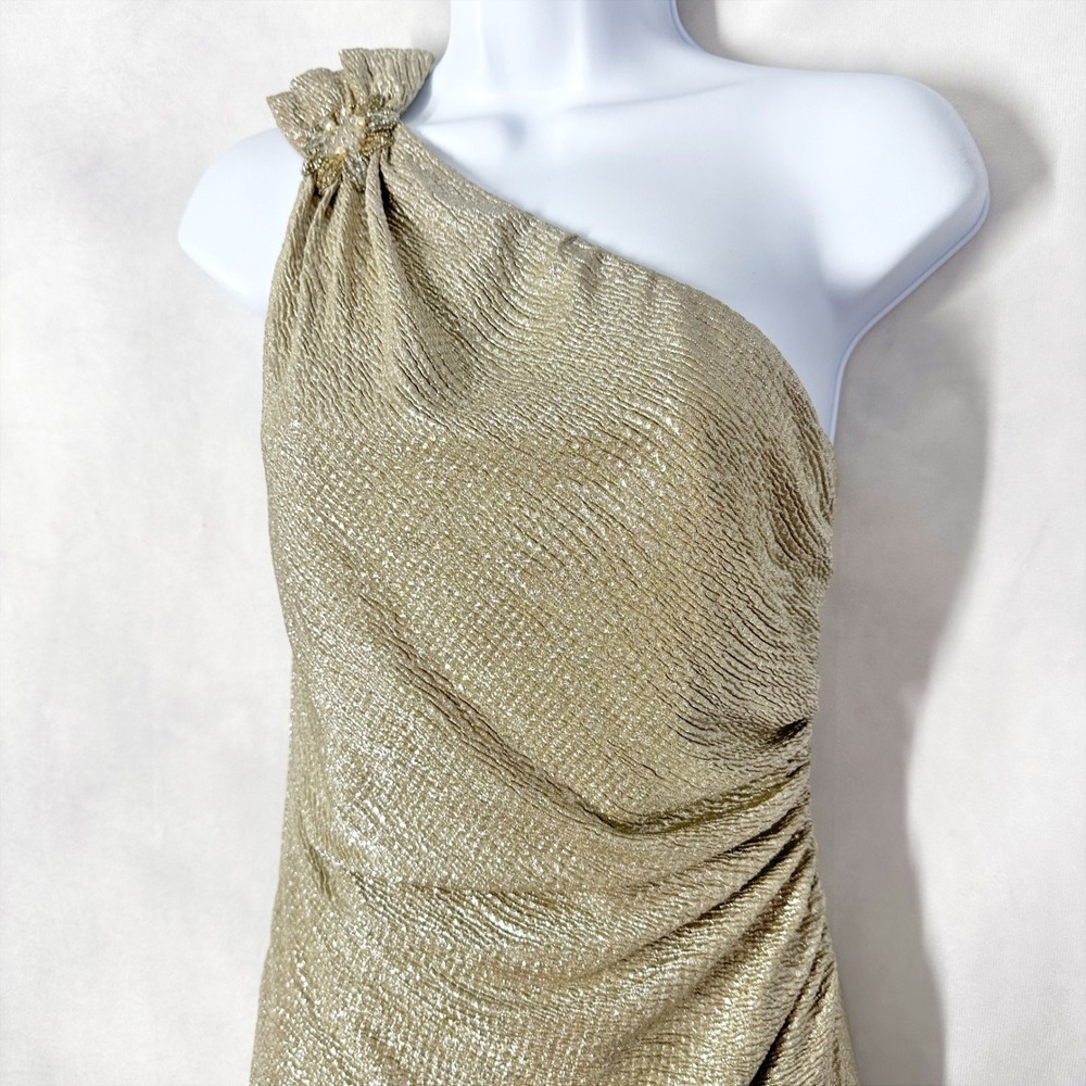 David Meister Gold Metallic One Shoulder Dress Beaded Flower Women's Size 2 - Picture 4 of 14